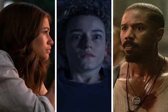 Films for Grown-ups: De gauche à droite, Zendaya dans Challengers, Julia Garner dans les armes et Michael B. Jordan dans les pécheurs. 
