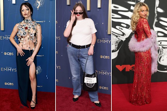 De gauche à droite: Jenna Ortega, 2025 Emmys; Megan Stalter, 2025 Emmys; Sabrina Carpenter, 2025 VMA.