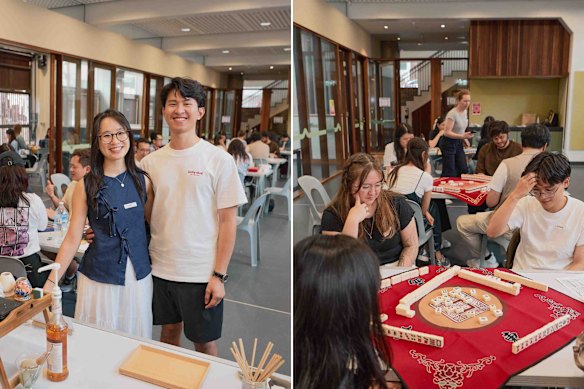 Les co-fondateurs du club Lucky Tiles, Ryan Huynh et Annie Yang, à gauche, et les participants à l'un de leurs récents événements à Darlinghurst, Sydney.