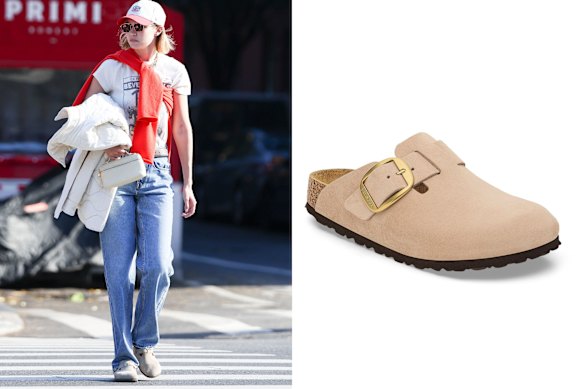 Une Gigi Hadid en repos à New York. À droite : sabots Birkenstock « Boston Big Buckle ».