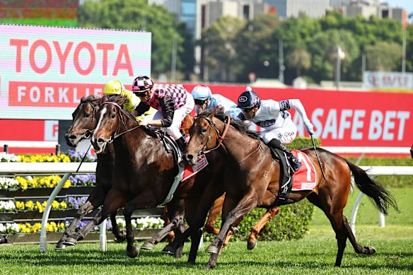 Zac Purton (soies roses et noires) rentre chez Rothfire pour remporter les Sydney Stakes.