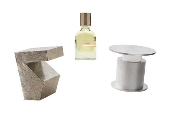 Table d'appoint « Yuki » ; Parfum « Risvelium » ; Lampe baladeuse « Faro ».