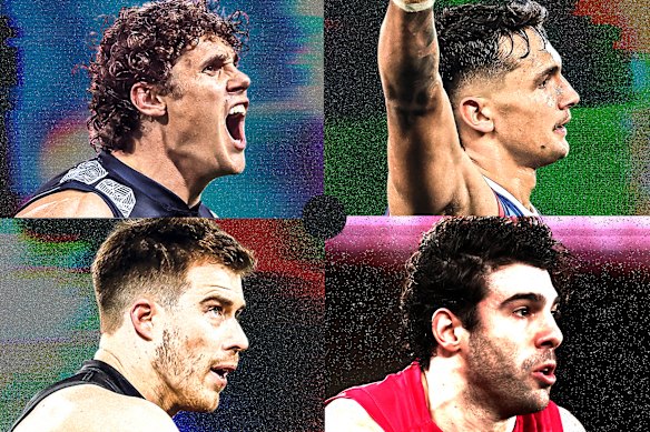 Jusqu'au fil : (dans le sens des aiguilles d'une montre en partant du coin supérieur gauche) Charlie Curnow de Carlton, Jamarra Ugle-Hagan des Western Bulldogs, Christian Petracca de Melbourne et le capitaine d'Essendon Zach Merrett ont tous participé à une période commerciale effrénée.