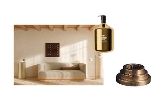 Canapé « Rassemblement » ; Lavage à la main « Gold Label Buddha Wood » ; Porte encens « Thalamos Encensoir ».