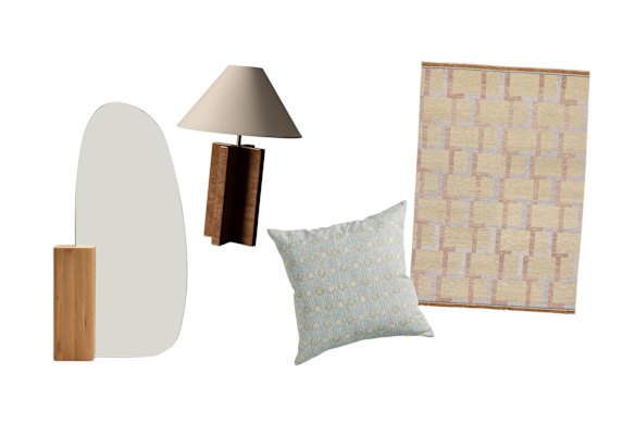 Miroir de sol « Block » ; Lampe « Marquis » ; Coussin « Cénote d'Alcaufar » ; Tapis