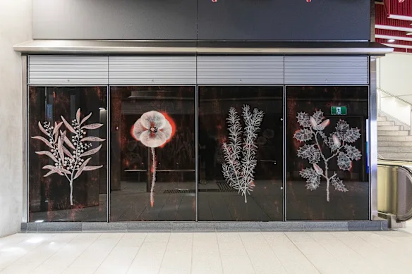 Dessins botaniques complexes de Fiona Hall à la gare d'Anzac.