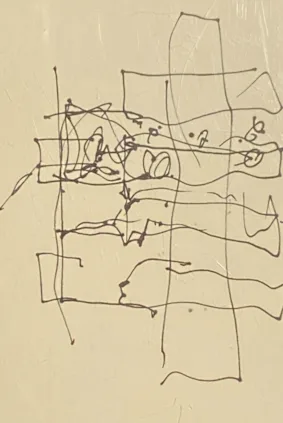 L'une des premières esquisses conceptuelles de Frank Gehry de ce qui est devenu connu sous le nom de bâtiment « sac en papier ».