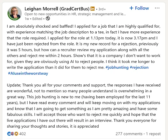 Leighan Morrell, professionnelle des ressources humaines, a déclaré qu'elle soupçonnait avoir été éliminée par AI dans une candidature à un emploi.