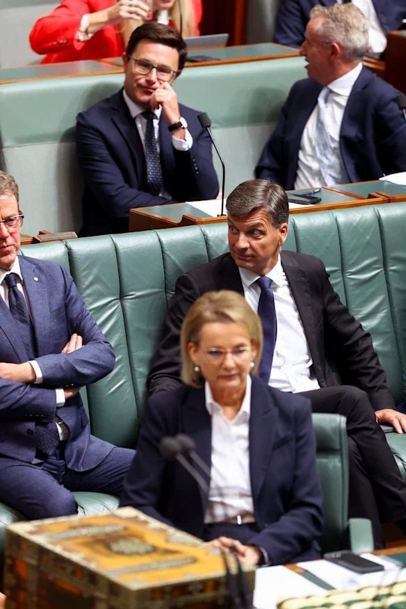 Le chef de l'opposition Sussan Ley, le ministre fantôme de la Défense Angus Taylor et le chef de la nation David Littleproud lors de l'heure des questions mardi.