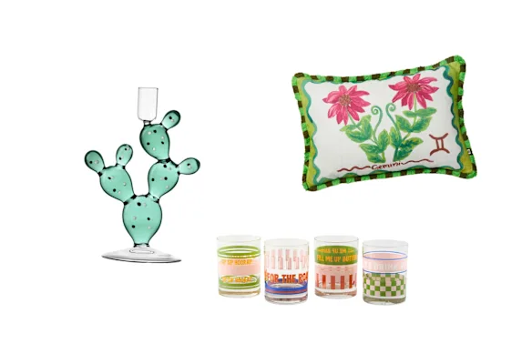 Bougeoir « Plantes du Désert » ; Gobelets « Sunnie » ; Coussin « Zodiaque Gémeaux ».