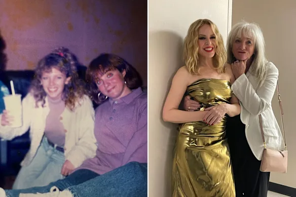 À gauche : Amanda Pelman (à droite) avec Kylie Minogue en 1987 ; et en 2024.