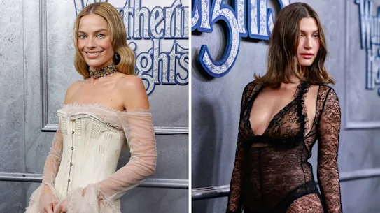 Composite de Margot Robbie et Hailey Bieber à la première de « Wuthering Heights » à Sydney.