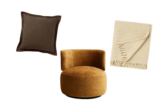 Coussin « Piper » ; Chaise pivotante « Halo » ; Lancer « Genévrier ».