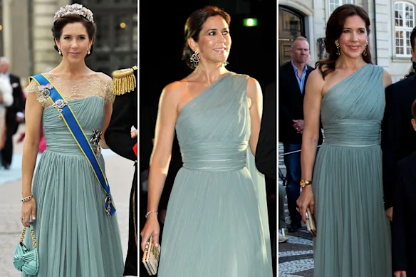 La reine Mary a fait modifier la même robe bleue Jesper Hovring au fil des années : portée pour la première fois en 2010, puis lors d'une visite à Melbourne en 2012, puis en 2019.