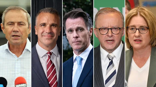 Le premier ministre et les premiers ministres des États : (de gauche à droite) Roger Cook (WA), Peter Malinauskas (SA), Chris Minns (NSW) Anthony Albanese et Jacinta Allan (Vic).