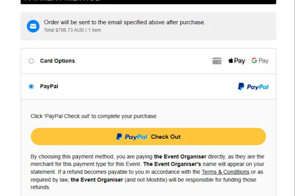Une capture d'écran de la clause de non-responsabilité présentée aux clients du Bluesfest achetant des billets auprès de Moshtix via PayPal (un message similaire a été affiché à ceux utilisant Stripe). 