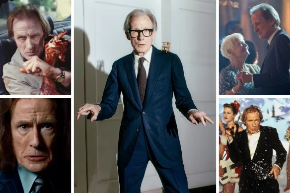 Dans le sens des aiguilles d’une montre à partir du principal : Bill Nighy, toujours aussi pimpant ; avec Judi Dench dans The Best Exotic Marigold Hotel ; amoureux en fait ; en tant que ministre Rufus Scrimgeour dans Harry Potter et les Reliques de la Mort ; dans Shaun des morts.