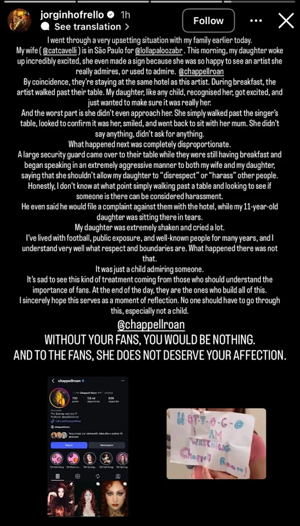 Jorginho Frello a déclaré que son épouse Catherine Harding et sa fille de 11 ans avaient été abordées par le personnel de sécurité de Chappell Roan dans un hôtel de São Paulo.