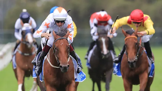 Le cheval Farnan (casquette blanche) des Phoenix Thoroughbreds remporte le Golden Slipper 2020.