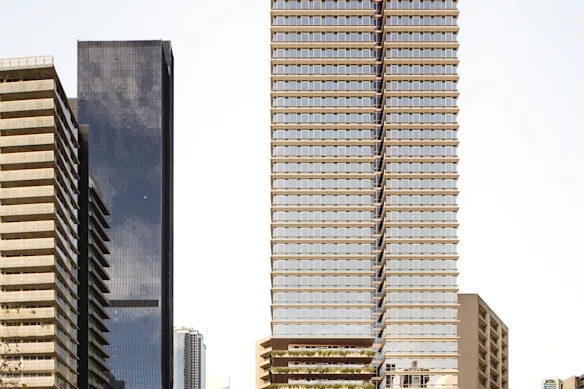 Une représentation des plans du promoteur Sterling Global pour le 623 Collins, une tour à usage mixte de 41 étages.