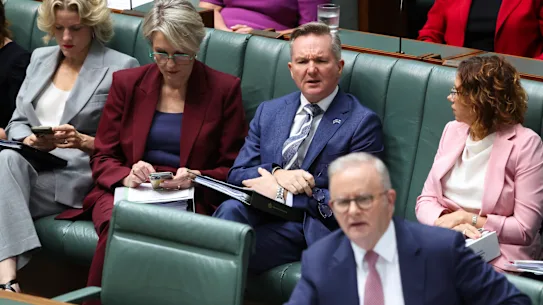 Le Premier ministre Anthony Albanese et le ministre de l'Énergie Chris Bowen au Parlement jeudi.