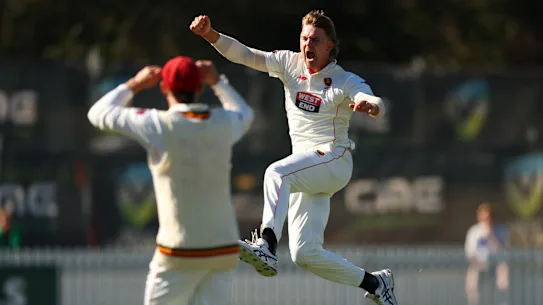 Henry Thornton célèbre un guichet lors de l'effondrement de Victoria le dernier jour de la finale du Sheffield Shield.