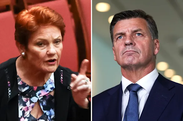 Pauline Hanson et Angus Taylor.