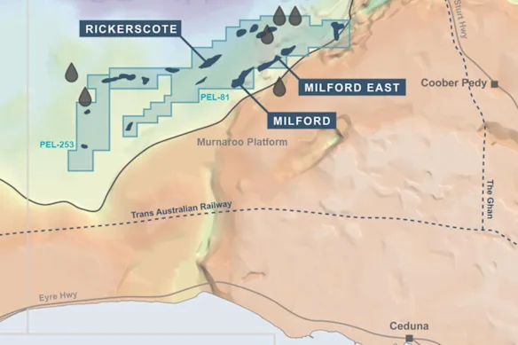 Carte montrant la zone d'étude du potentiel d'hélium de H3 Energy au nord-ouest de Coober Pedy, en Australie méridionale.
