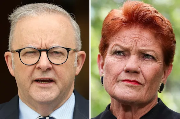 Le Premier ministre Anthony Albanese et la dirigeante de One Nation, Pauline Hanson.