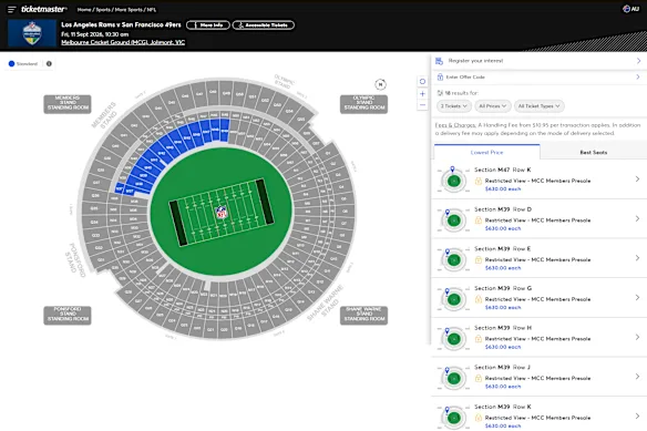Les membres du MCC ont été invités à débourser plus de 600 $ pour des sièges à vue restreinte au niveau un dans le cadre de la prévente du match de la NFL au MCG en septembre.