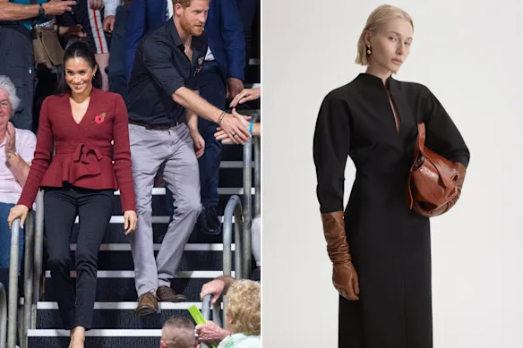 Meghan, duchesse de Sussex, portant une veste en tricot crêpe grenade Scanlan Theodore aux Jeux Invictus 2018 à Sydney. Melinda Robinson, directrice générale de Scanlan Theodore, aimerait voir Meghan porter leur robe Milano Cocoon, 900 $ (à droite) lors de sa prochaine visite en Australie.