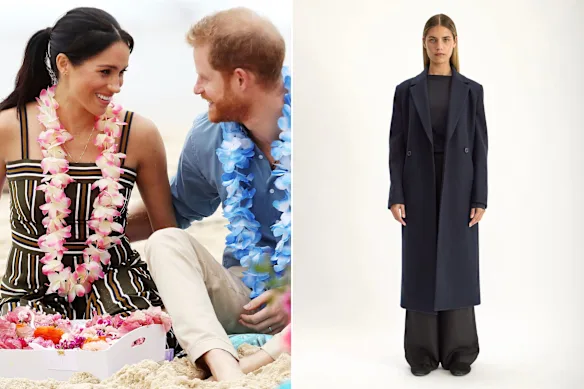 Lors de la visite de Meghan et Harry à Bondi Beach en 2018, la marque australienne Jac + Jack a habillé Harry d'une chemise bleue à col plié. La marque sélectionnerait cette fois-ci le manteau Howell en laine mérinos, 1 400 $, pour Meghan.