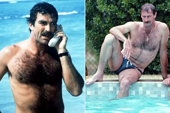 Flashback sur la fourrure : Tom Selleck dans le rôle de Magnum PI en 1985 et Dennis Lillee posant au bord d'une piscine en Australie du Sud en 1982.