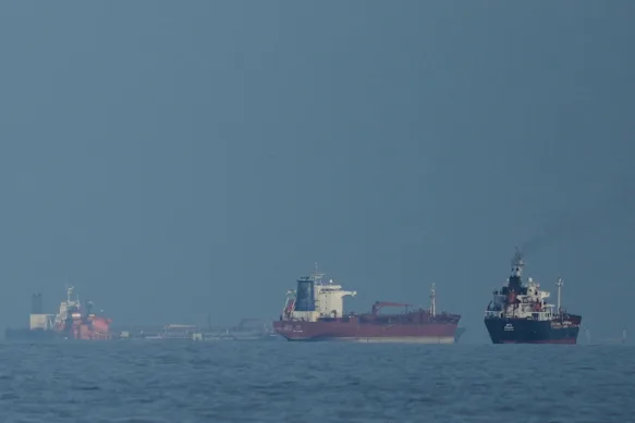 Cette photographie de mars montre des pétroliers et des cargos faisant la queue dans le détroit d'Ormuz.