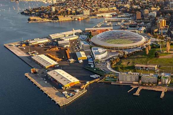 Représentation artistique du site du stade Macquarie Point, en bordure du CBD de Hobart.