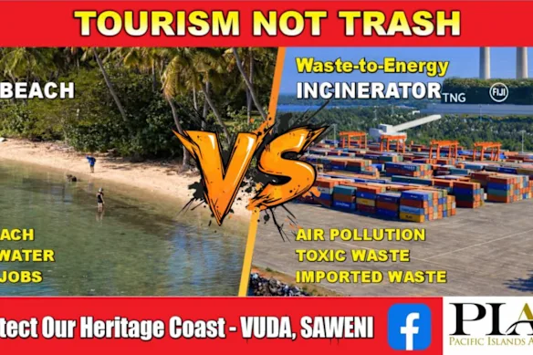 Panneau d'affichage en bordure de route contre le projet de valorisation énergétique des déchets de Vuda Point, monté sur la Queens Highway, près de Saweni, aux Fidji.