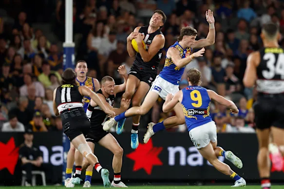 Rowan Marshall de St Kilda vole haut pour une marque – une marque différente au Marvel Stadium dimanche.