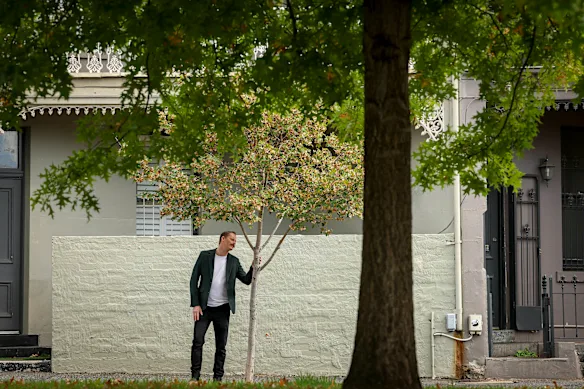 Thami Croeser démontre comment les arbres de rue de Canning Street à Carlton, dans le nord de Melbourne, ne parviennent pas à prospérer, par rapport aux arbres établis dans les jardins de Carlton.