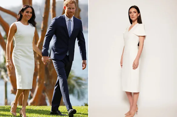 Harry et Meghan, portant la robe Blessed de Karen Gee, à Sydney, en 2018. Gee aimerait voir Meghan dans sa robe Carrington ivoire, 950 $ (à droite) lors de la visite de ce mois-ci. 