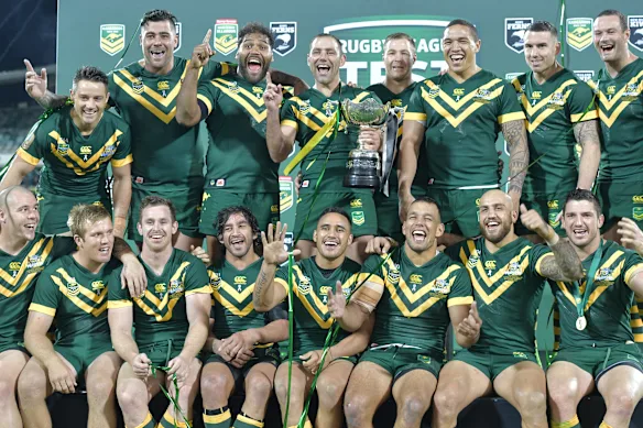 Les Kangourous célèbrent leur victoire lors du dernier Anzac Test à Canberra en 2017.
