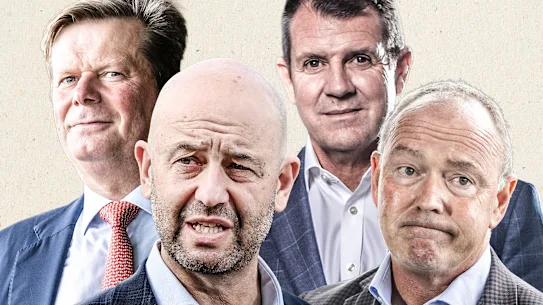 De gauche à droite : John Knox, président de Cricket NSW, Todd Greenberg, PDG de Cricket Australia, Mike Baird, président de Cricket Australia, et Lee Germon, PDG de Cricket NSW. 
