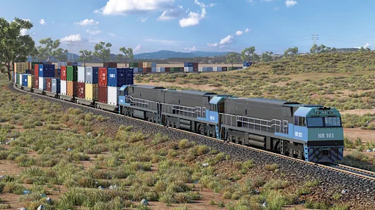 Vue d'artiste d'un train de marchandises à double couche sur l'Inland Rail entre Melbourne et Brisbane.