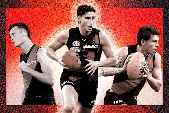 Anciens choix du top 10 du repêchage d’Essendon : Nik Cox, Elijah Tsatas et Archie Perkins.
