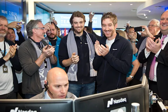 Les cofondateurs d'Atlassian, Scott Farquhar et Mike Cannon-Brookes, en 2015.