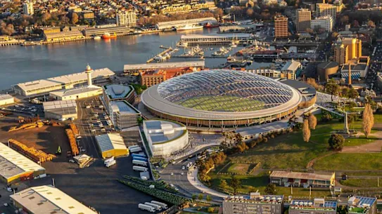 Représentation artistique du site du stade Macquarie Point, en bordure du CBD de Hobart.