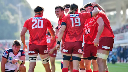 Les Sunwolves célèbrent un essai contre les Melbourne Rebels en 2020.