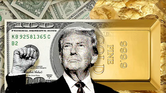 Donald Trump devant un billet d'un dollar américain et un lingot d'or