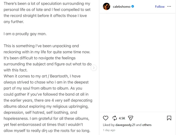 Une capture d'écran de la publication Instagram dans laquelle Caleb Shomo s'est révélé gay.