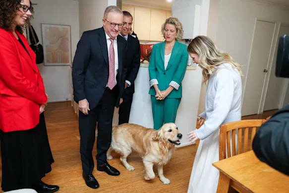 Le Premier ministre Anthony Albanese, le trésorier Jim Chalmers et la ministre du Logement Clare O'Neil rencontrent Mika Rosewarne et son chien Pikelet à Canberra pour parler des mesures de logement contenues dans le budget de la semaine dernière.