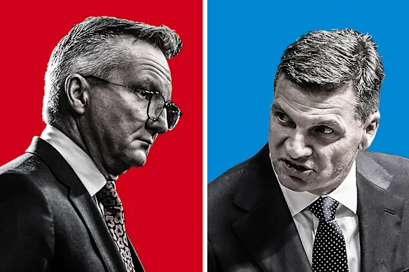 Le ministre de l'Énergie Chris Bowen (à gauche) et le chef de l'opposition Angus Taylor. 